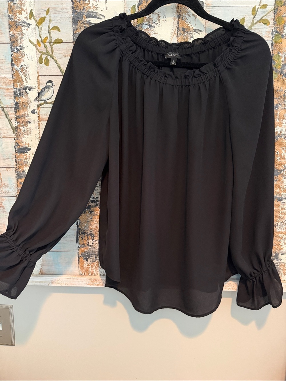 Talbots Boho Black Ruffled-Neck Long-Sleeve Blouse